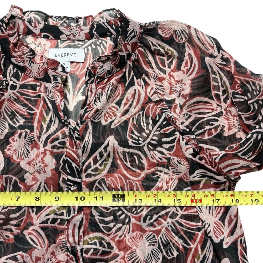 EVEREVE Floral Chiffon Ruffle Neck Blouse Size S Sheer 3/4 Sleeve Button Down - Picture 7 of 11